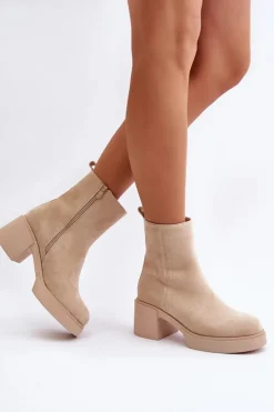 Damskie Boto Eko Zamszowe Damskie Botki Na Słupku Ocieplane Jasnobeżowe Meriluna II-gat