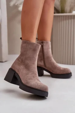 Boto Brązowe I Beżowe Botki|Botki Na Obcasie*Eko Zamszowe Damskie Botki Na Słupku Ocieplane Ciemnobeżowe Meriluna