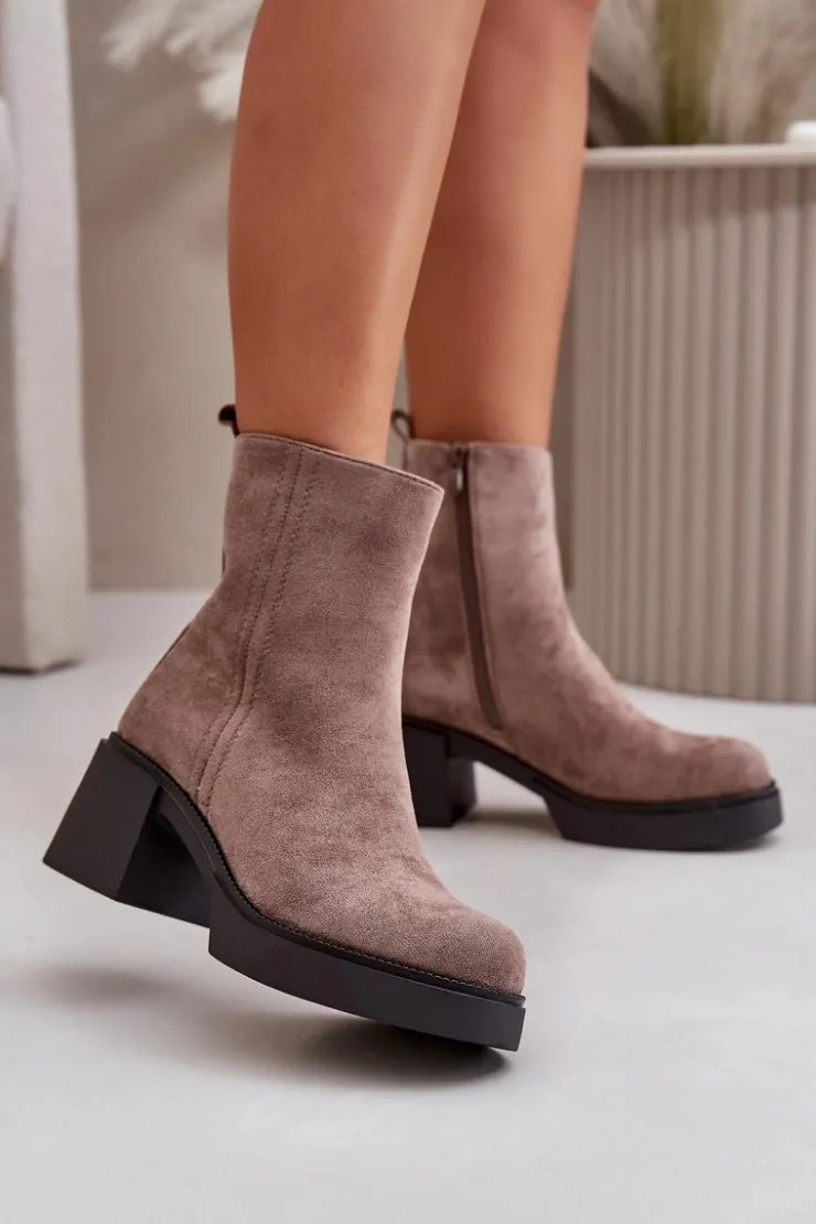 Boto Brązowe I Beżowe Botki|Botki Na Obcasie*Eko Zamszowe Damskie Botki Na Słupku Ocieplane Ciemnobeżowe Meriluna
