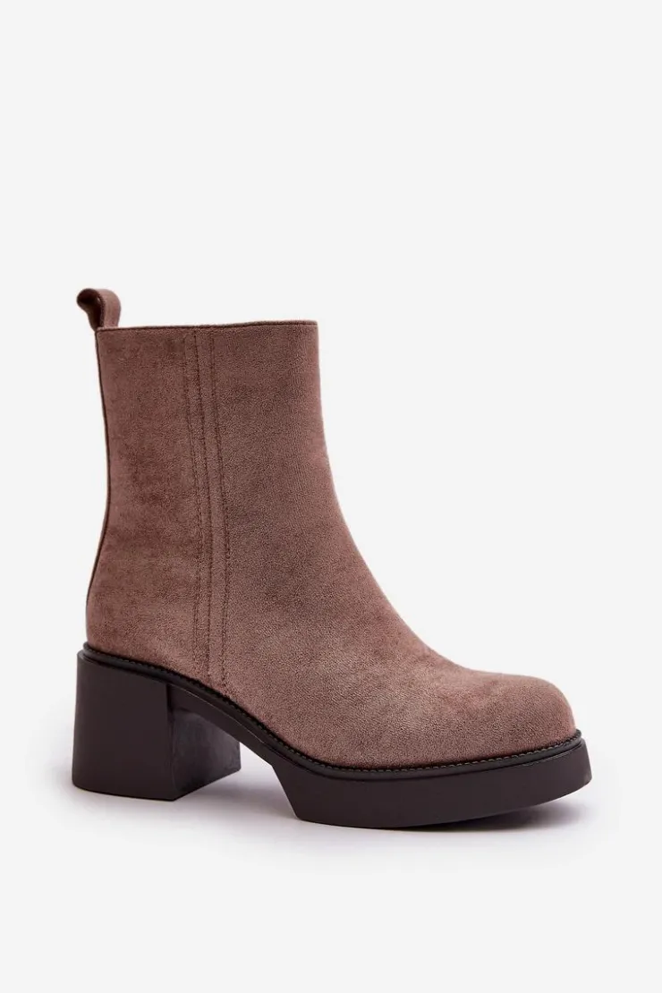 Boto Brązowe I Beżowe Botki|Botki Na Obcasie*Eko Zamszowe Damskie Botki Na Słupku Ocieplane Ciemnobeżowe Meriluna