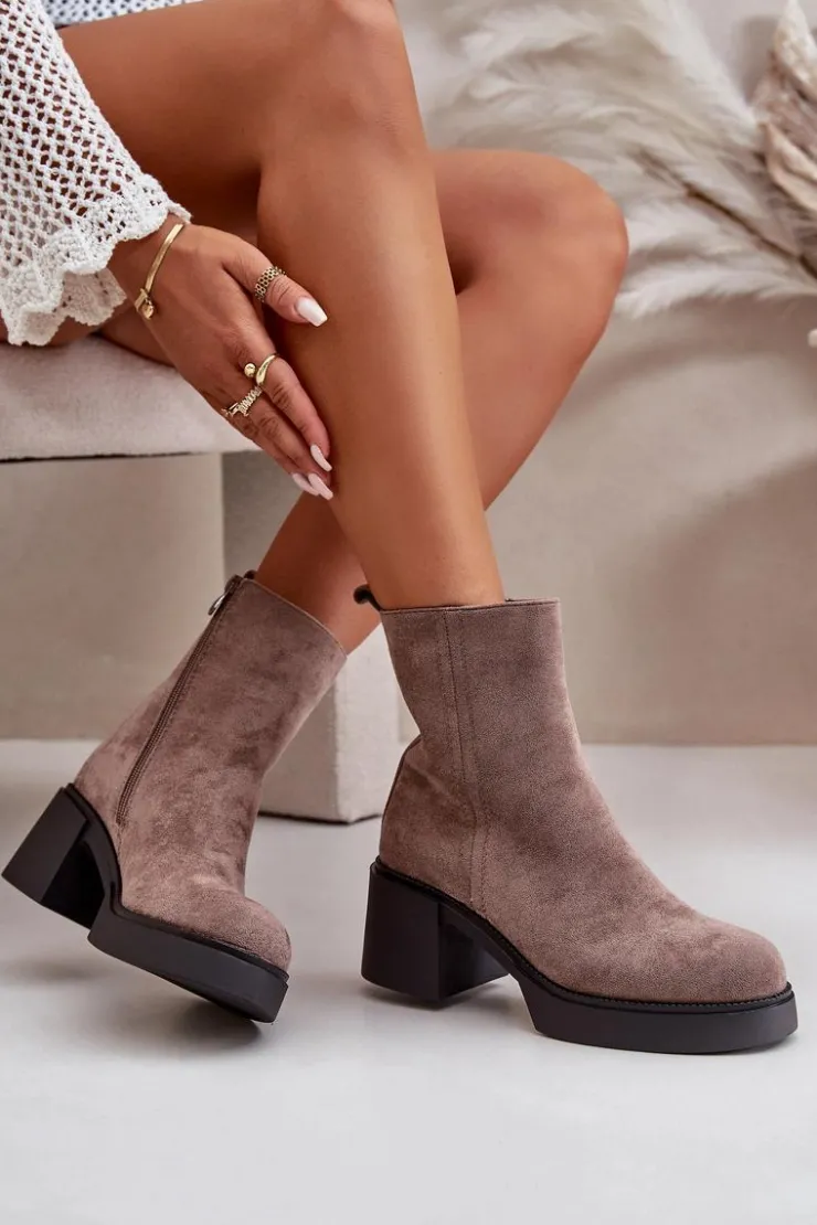 Boto Brązowe I Beżowe Botki|Botki Na Obcasie*Eko Zamszowe Damskie Botki Na Słupku Ocieplane Ciemnobeżowe Meriluna