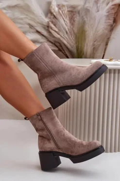 Boto Brązowe I Beżowe Botki|Botki Na Obcasie*Eko Zamszowe Damskie Botki Na Słupku Ocieplane Ciemnobeżowe Meriluna
