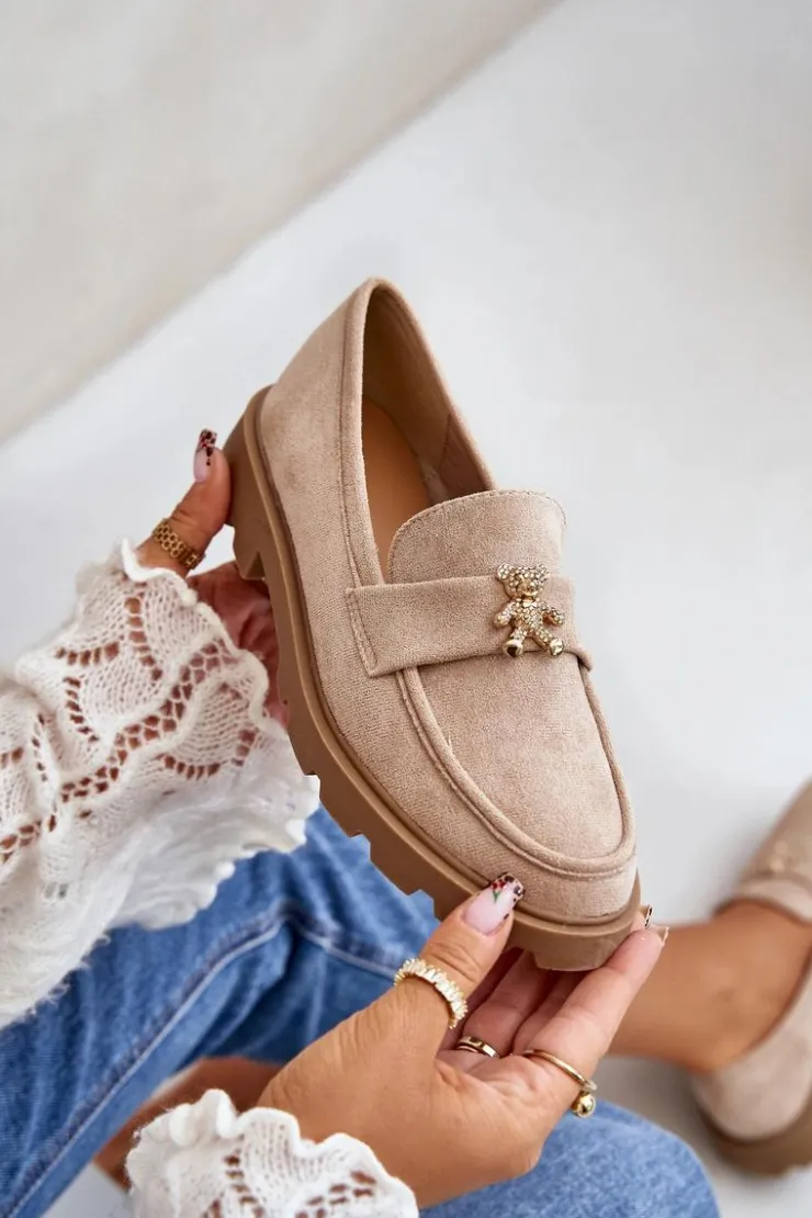 Damskie Boto Eko Zamszowe Damskie Mokasyny Z Misiem Beżowe Kaithra