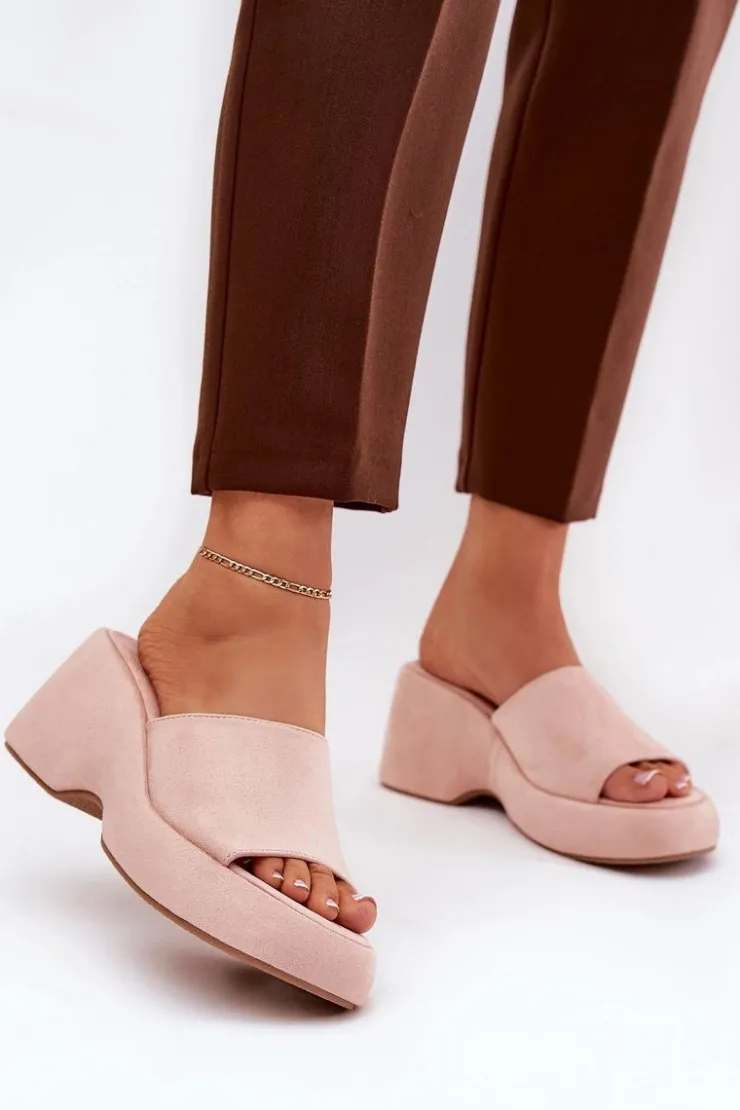 Boto Klapki Na Koturnie|Klapki Na Platformie*Eko Zamszowe Klapki Damskie Na Platformie I Koturnie Różowe Afisal Różowy