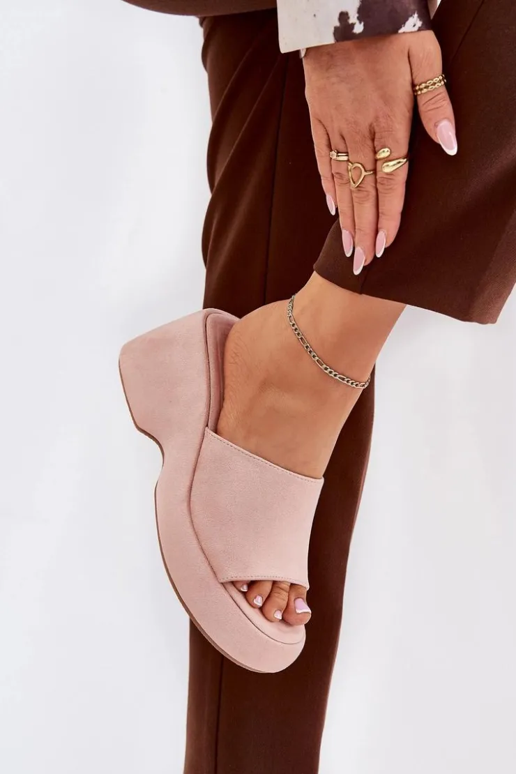 Boto Klapki Na Koturnie|Klapki Na Platformie*Eko Zamszowe Klapki Damskie Na Platformie I Koturnie Różowe Afisal Różowy