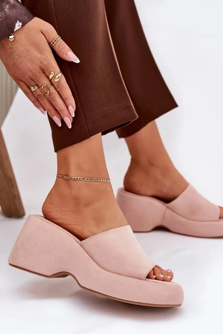 Boto Klapki Na Koturnie|Klapki Na Platformie*Eko Zamszowe Klapki Damskie Na Platformie I Koturnie Różowe Afisal Różowy