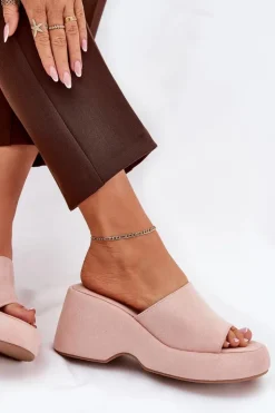 Boto Klapki Na Koturnie|Klapki Na Platformie*Eko Zamszowe Klapki Damskie Na Platformie I Koturnie Różowe Afisal Różowy