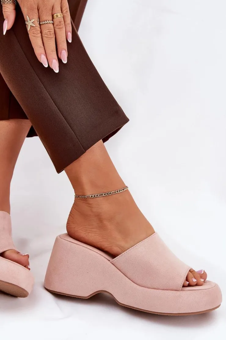 Boto Klapki Na Koturnie|Klapki Na Platformie*Eko Zamszowe Klapki Damskie Na Platformie I Koturnie Różowe Afisal Różowy