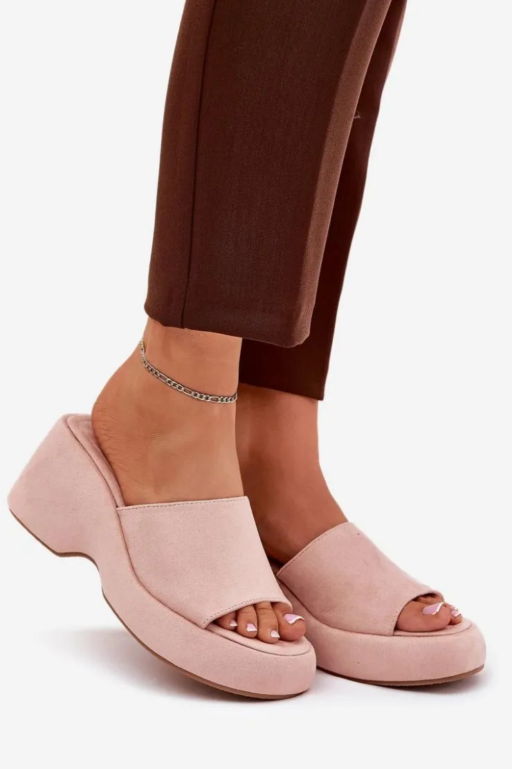 Boto Klapki Na Koturnie|Klapki Na Platformie*Eko Zamszowe Klapki Damskie Na Platformie I Koturnie Różowe Afisal Różowy