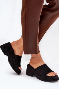 Damskie Boto Eko Zamszowe Klapki Damskie Na Platformie I Koturnie Czarne Afisal