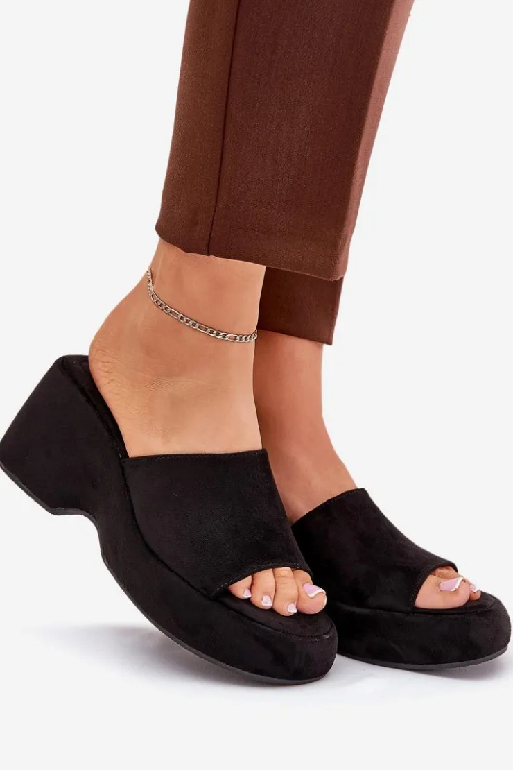 Damskie Boto Eko Zamszowe Klapki Damskie Na Platformie I Koturnie Czarne Afisal