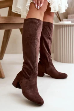 Damskie Boto Eko Zamszowe Kozaki Damskie Przed Kolano Na Zamek Brązowe Elitara