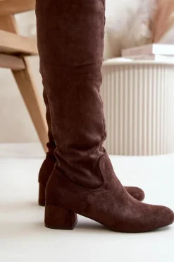 Damskie Boto Eko Zamszowe Kozaki Damskie Przed Kolano Na Zamek Brązowe Elitara