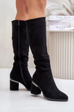 Damskie Buty damskie Vinceza Eko Zamszowe Kozaki Damskie Przed Kolano Na Słupku Ocieplane Vinceza 16473 Czarne