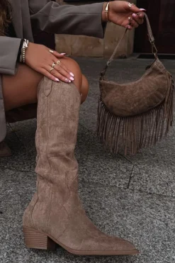 Boto Kozaki Na Słupku|Kozaki Przed Kolano*Eko Zamszowe Kozaki Kowbojki Damskie Na Obcasie Beżowe Jenaya Beżowy