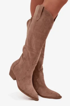 Boto Kozaki Na Słupku|Kozaki Przed Kolano*Eko Zamszowe Kozaki Kowbojki Damskie Na Obcasie Beżowe Jenaya Beżowy