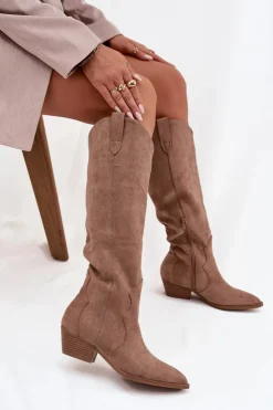 Boto Kozaki Na Słupku|Kozaki Przed Kolano*Eko Zamszowe Kozaki Kowbojki Damskie Na Obcasie Beżowe Jenaya Beżowy