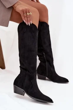 Damskie Boto Eko Zamszowe Kozaki Kowbojki Damskie Na Obcasie Czarne Jenaya