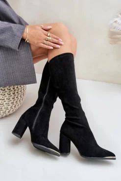 Hot Boto Eko Zamszowe Kozaki Na Słupkowym Obcasie Czarne Batirae
