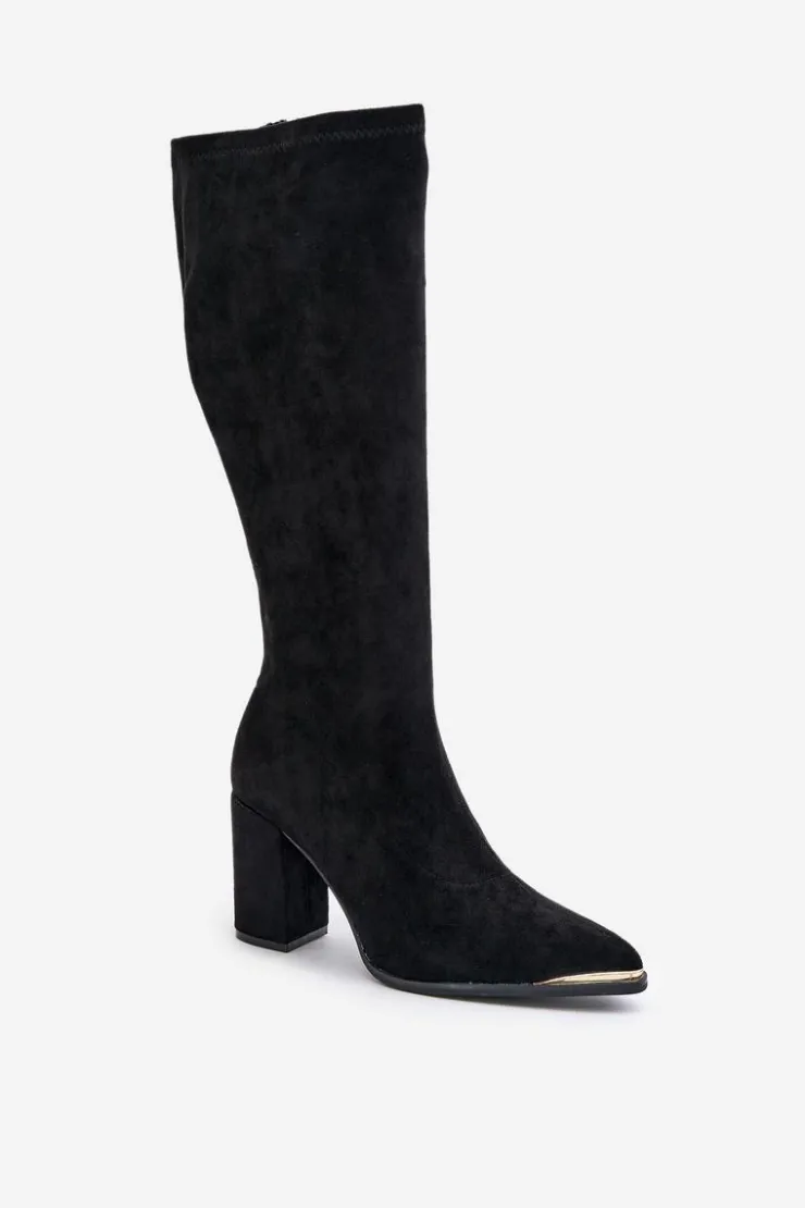 Hot Boto Eko Zamszowe Kozaki Na Słupkowym Obcasie Czarne Batirae