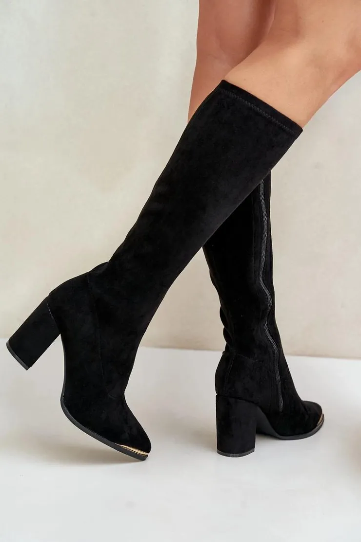 Hot Boto Eko Zamszowe Kozaki Na Słupkowym Obcasie Czarne Batirae