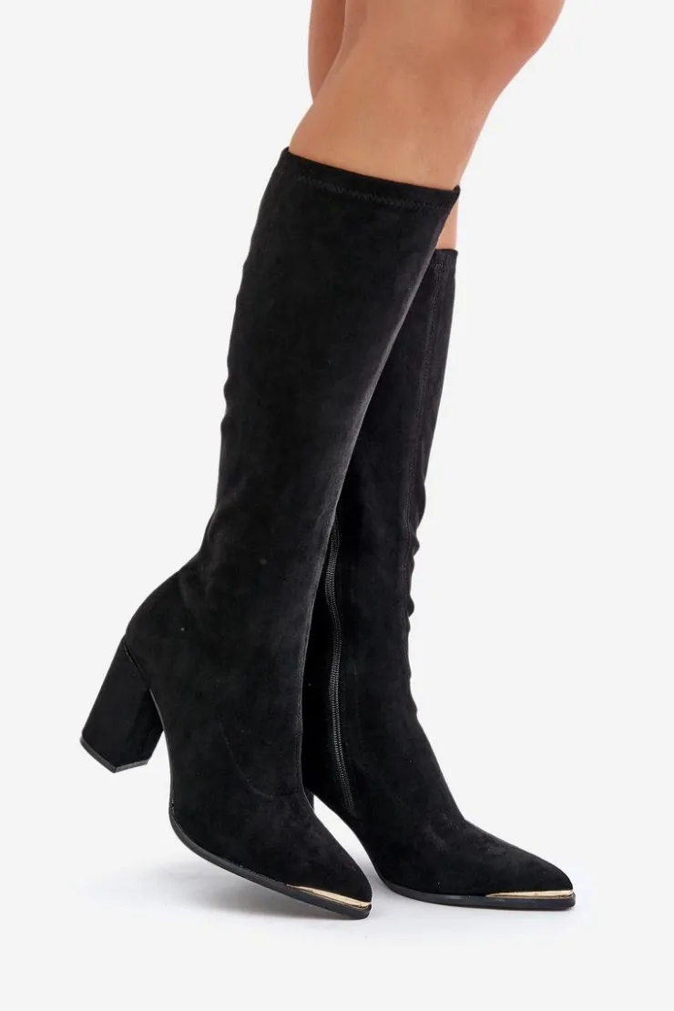 Hot Boto Eko Zamszowe Kozaki Na Słupkowym Obcasie Czarne Batirae