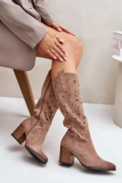 Buty damskie Vinceza Eko Zamszowe Kozaki Na Słupku Z Ażurowym Wzorem Vinceza 58344 Ciemnobeżowe