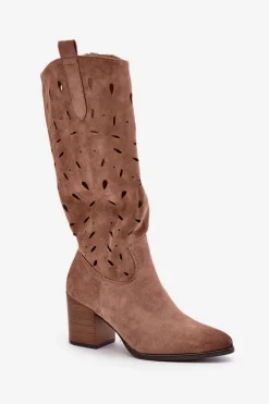 Buty damskie Vinceza Eko Zamszowe Kozaki Na Słupku Z Ażurowym Wzorem Vinceza 58344 Ciemnobeżowe