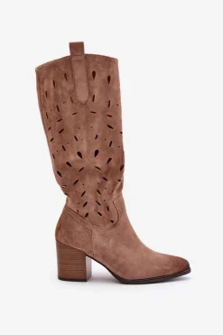 Buty damskie Vinceza Eko Zamszowe Kozaki Na Słupku Z Ażurowym Wzorem Vinceza 58344 Ciemnobeżowe