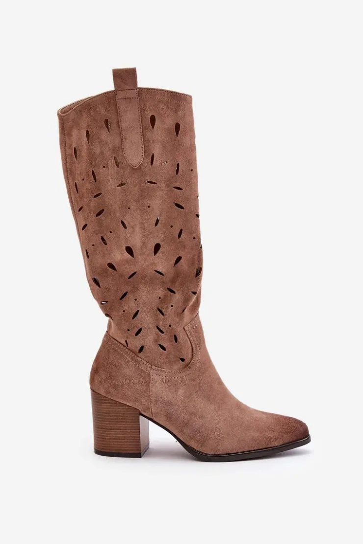 Buty damskie Vinceza Eko Zamszowe Kozaki Na Słupku Z Ażurowym Wzorem Vinceza 58344 Ciemnobeżowe