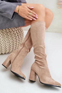 Damskie Boto Eko Zamszowe Kozaki Na Słupkowym Obcasie Beżowe Batirae