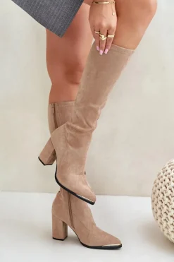 Damskie Boto Eko Zamszowe Kozaki Na Słupkowym Obcasie Beżowe Batirae