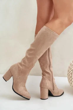 Damskie Boto Eko Zamszowe Kozaki Na Słupkowym Obcasie Beżowe Batirae