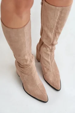 Damskie Boto Eko Zamszowe Kozaki Na Słupkowym Obcasie Beżowe Batirae