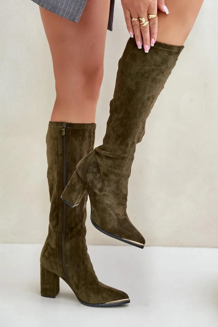 Boto Kozaki Ocieplane|Kozaki Na Słupku*Eko Zamszowe Kozaki Na Słupkowym Obcasie Ciemnozielone Batirae