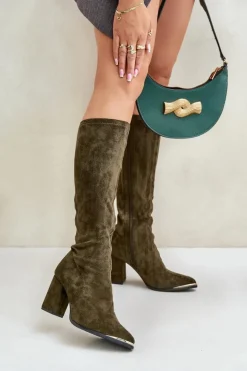 Boto Kozaki Ocieplane|Kozaki Na Słupku*Eko Zamszowe Kozaki Na Słupkowym Obcasie Ciemnozielone Batirae