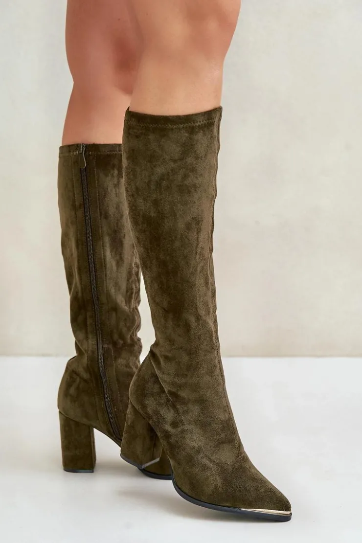 Boto Kozaki Ocieplane|Kozaki Na Słupku*Eko Zamszowe Kozaki Na Słupkowym Obcasie Ciemnozielone Batirae