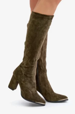 Boto Kozaki Ocieplane|Kozaki Na Słupku*Eko Zamszowe Kozaki Na Słupkowym Obcasie Ciemnozielone Batirae