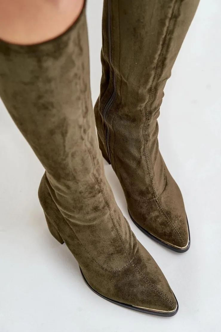 Boto Kozaki Ocieplane|Kozaki Na Słupku*Eko Zamszowe Kozaki Na Słupkowym Obcasie Ciemnozielone Batirae