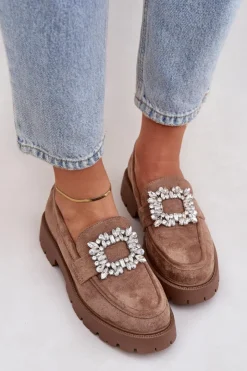 Damskie Boto Eko Zamszowe Mokasyny Damskie Z Ozdobną Broszką Ciemnobeżowe Valiana