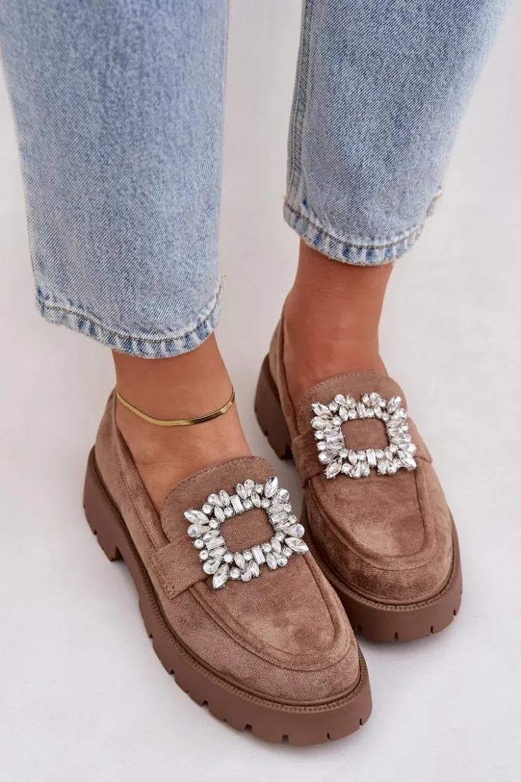 Damskie Boto Eko Zamszowe Mokasyny Damskie Z Ozdobną Broszką Ciemnobeżowe Valiana