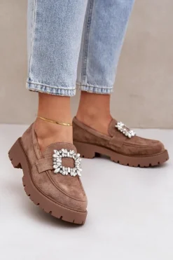 Damskie Boto Eko Zamszowe Mokasyny Damskie Z Ozdobną Broszką Ciemnobeżowe Valiana