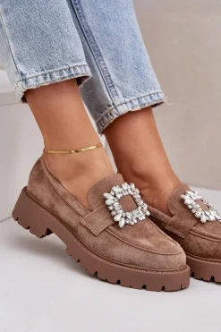 Damskie Boto Eko Zamszowe Mokasyny Damskie Z Ozdobną Broszką Ciemnobeżowe Valiana