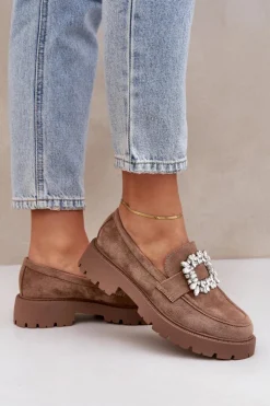 Damskie Boto Eko Zamszowe Mokasyny Damskie Z Ozdobną Broszką Ciemnobeżowe Valiana