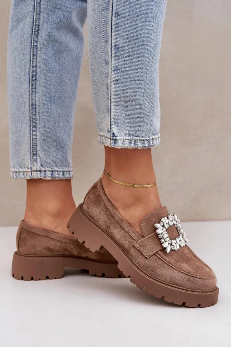 Damskie Boto Eko Zamszowe Mokasyny Damskie Z Ozdobną Broszką Ciemnobeżowe Valiana