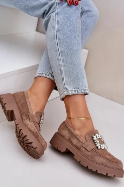 Damskie Boto Eko Zamszowe Mokasyny Damskie Z Ozdobną Broszką Ciemnobeżowe Valiana