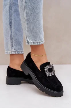Best Boto Eko Zamszowe Mokasyny Damskie Z Ozdobną Broszką Czarne Valiana