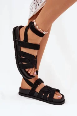 Discount Boto Eko Zamszowe Sandały Damskie Z Rzepami Czarne Valpera Czarny