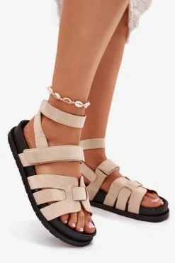 Damskie Boto Eko Zamszowe Sandały Damskie Z Rzepami Beżowe Valpera