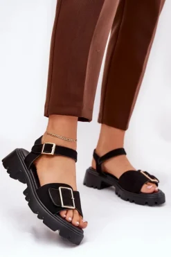 Sale Boto Eko Zamszowe Sandały Damskie Z Klamrą Czarne Gofielle Czarny